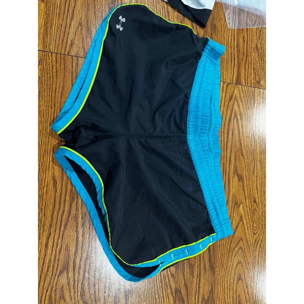 Under Armour HeatGear Womens Running Shorts Black Teal Neon Yellow Size Small